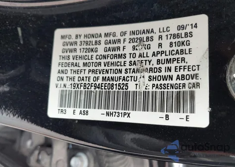 2014 Honda Civic Ex-L z USA, uszkodzony, nr VIN 19XFB2F94EE081525